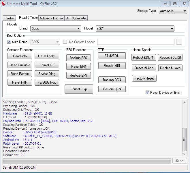 Oppo a37fw msm8916 v5.1.1 frp remove done with Great umt Qcfire tool ...